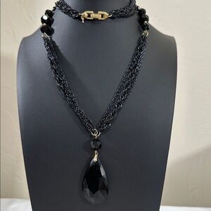Crown Trifari Vintage Layered Necklace with Black Teardrop Lucite Pendant